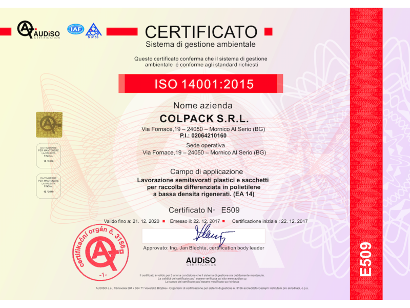 Ottenuta la certificazione ambientale ISO 14001:2015
