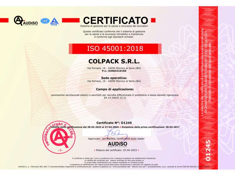 Ottenuta la certificazione ISO 45001:2018